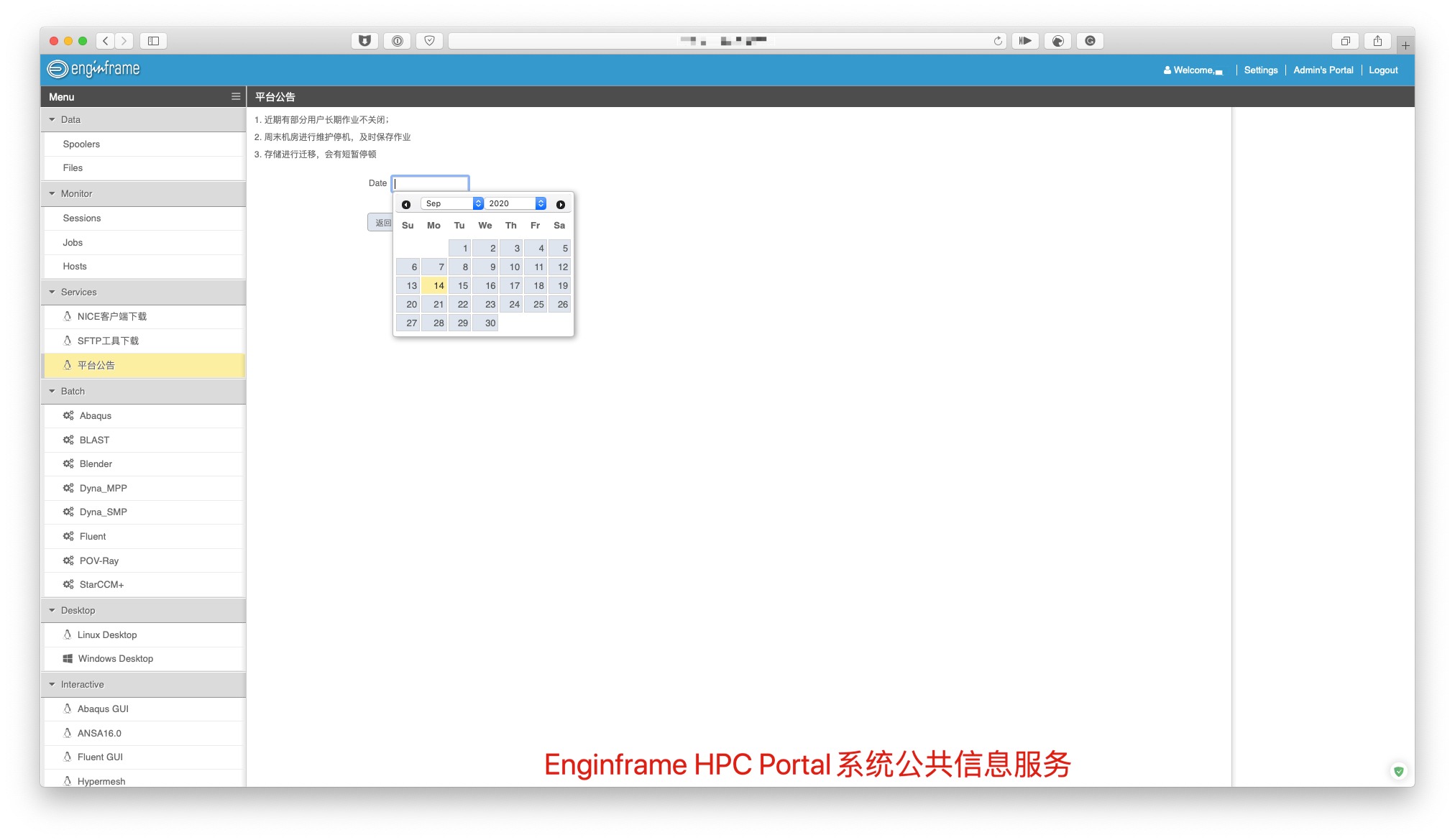 EnginFrame HPC Portal 系统公共信息服务